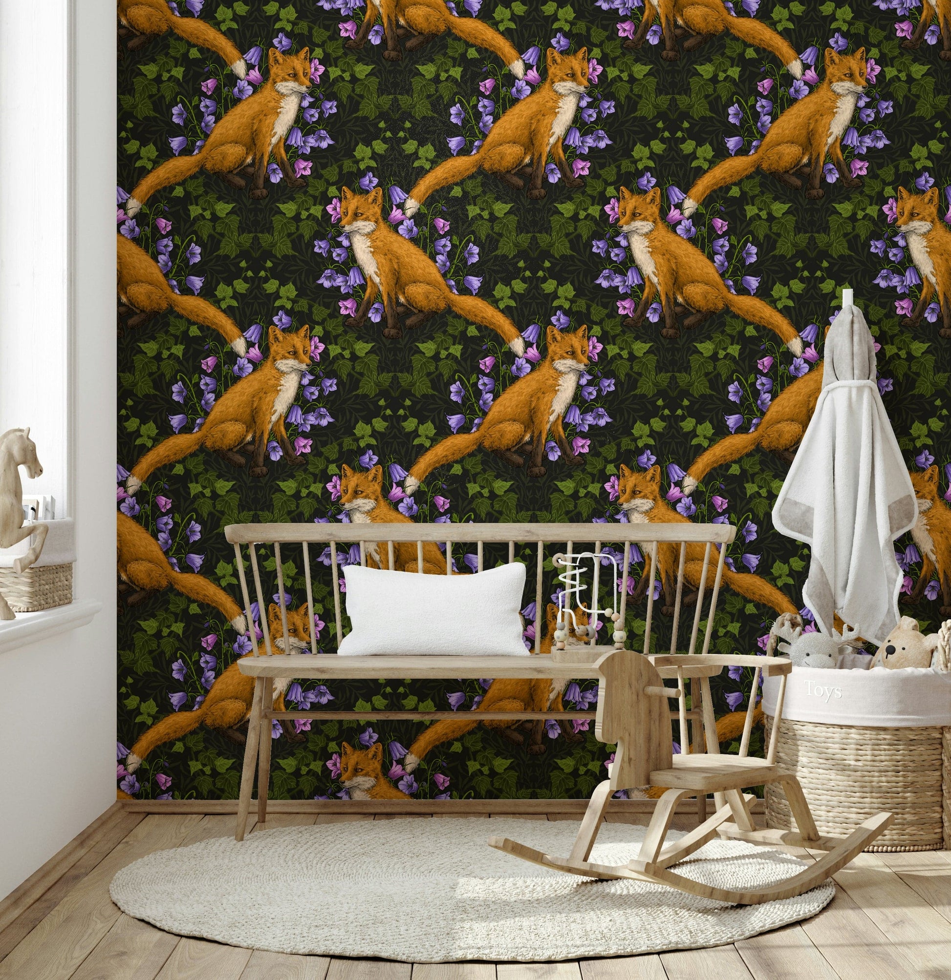 Woodland Whispers Wall Mural – Decorative design featuring a fox subtly hidden among lush ivy foliage.
