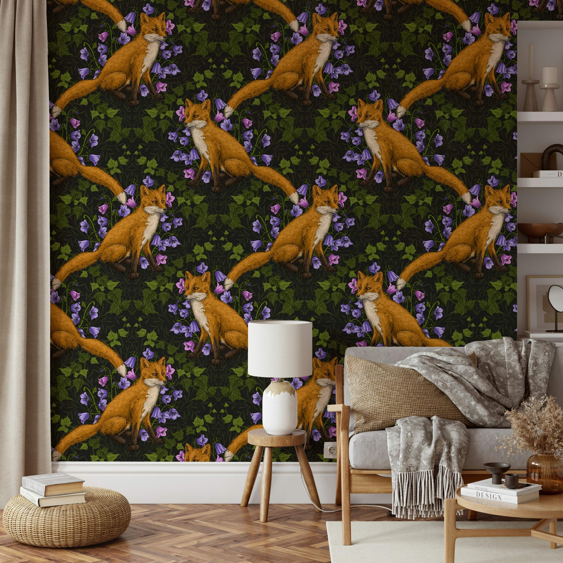 Forest Fox and Ivy Wallpaper – Whimsical, serene mural with foxes and intertwining ivy patterns.