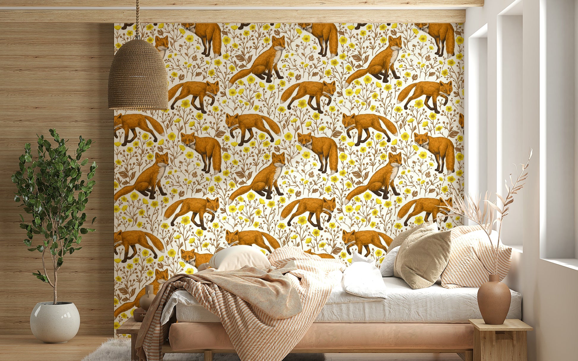 Wall mural with foxes and buttercups — playful and cheerful design for bedrooms or nurseries.