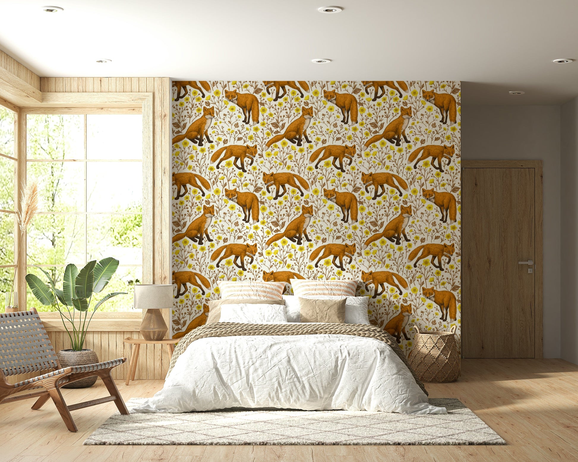 Whimsical nature-themed wallpaper with foxes roaming among yellow flowers.