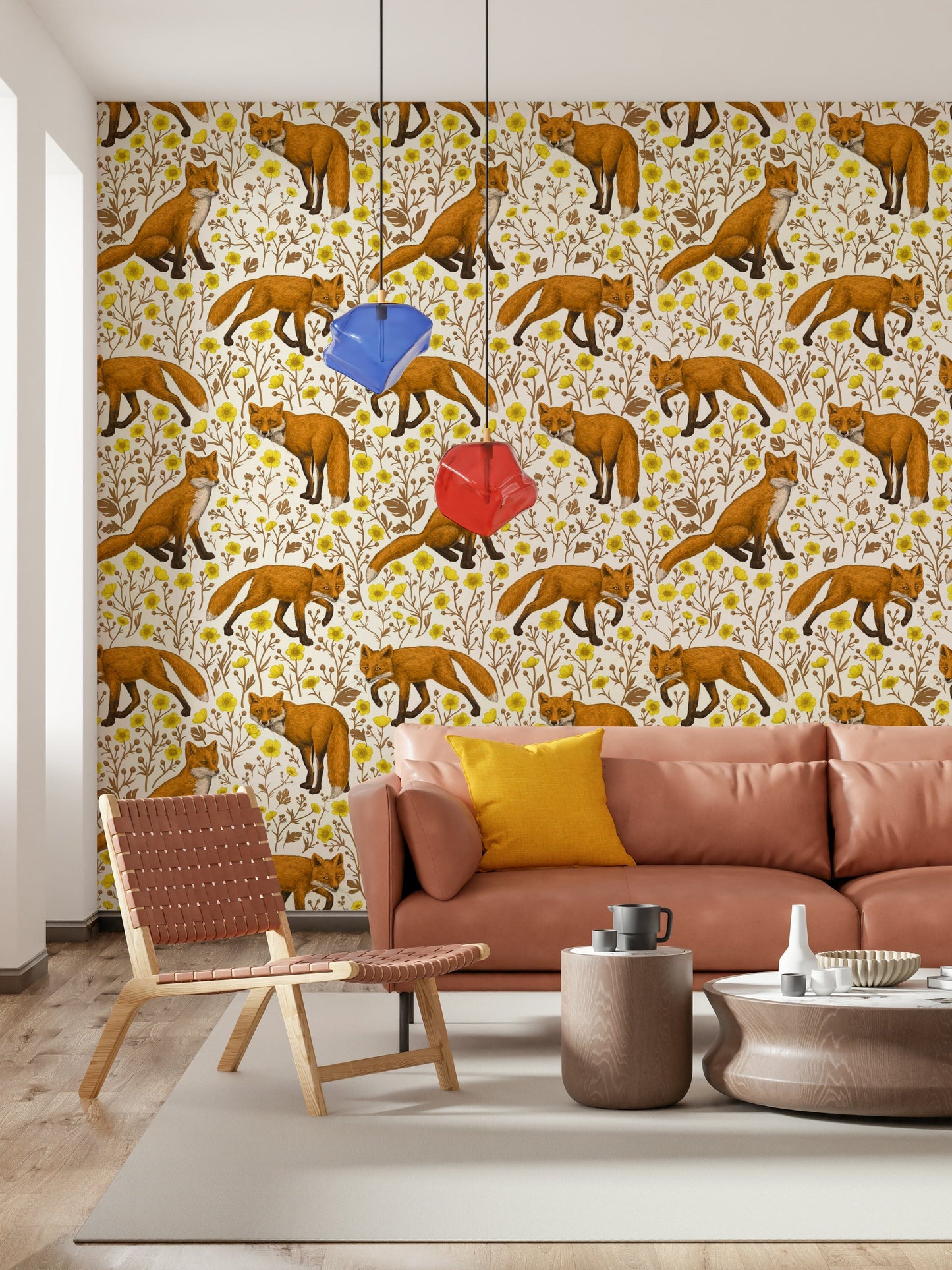 Foxes and Buttercups Wallpaper — charming woodland animals with cheerful yellow flowers.