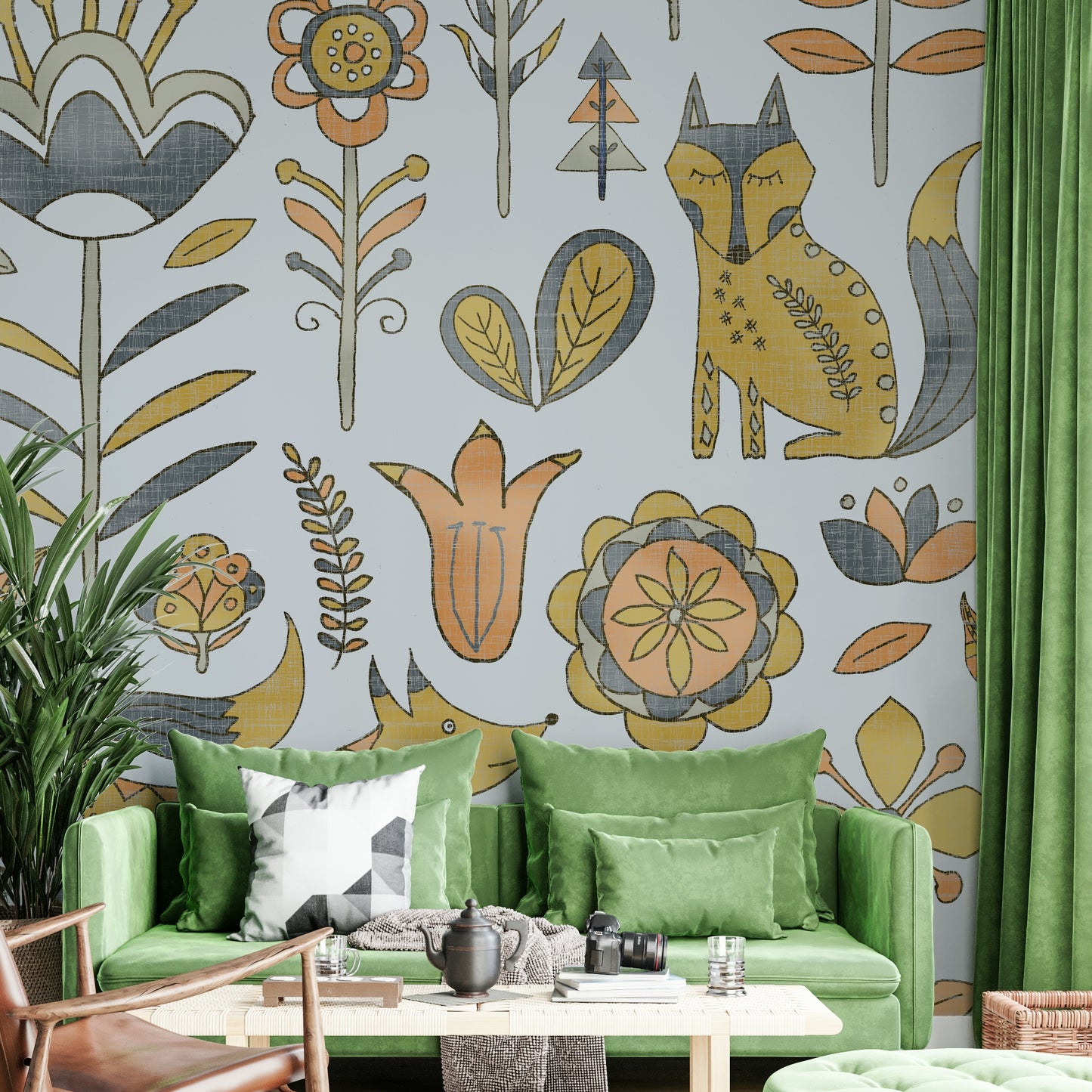 Foxes in the meadows golden and gray wallpaper in a modern apartment living room.