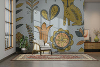 Neutral gray and gold meadow wallpaper for a modern guest suite.