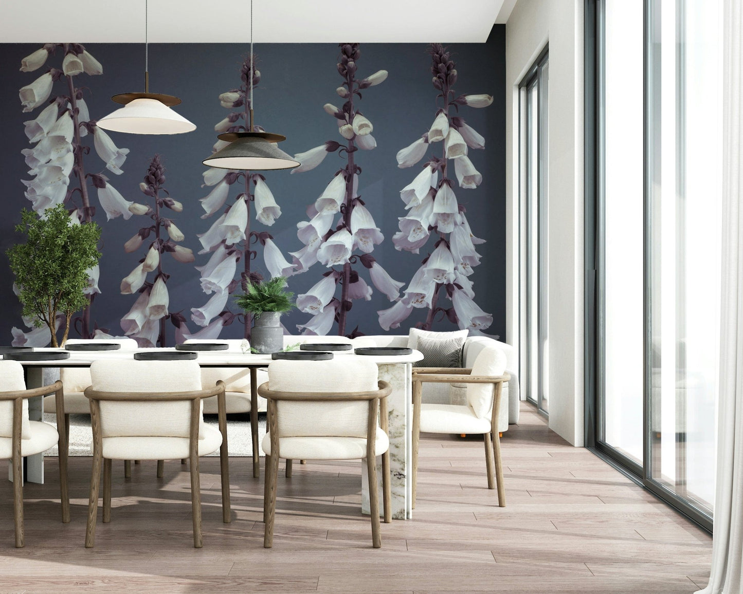 Vintage style bell shaped flowers wallpaper, serene atmosphere.