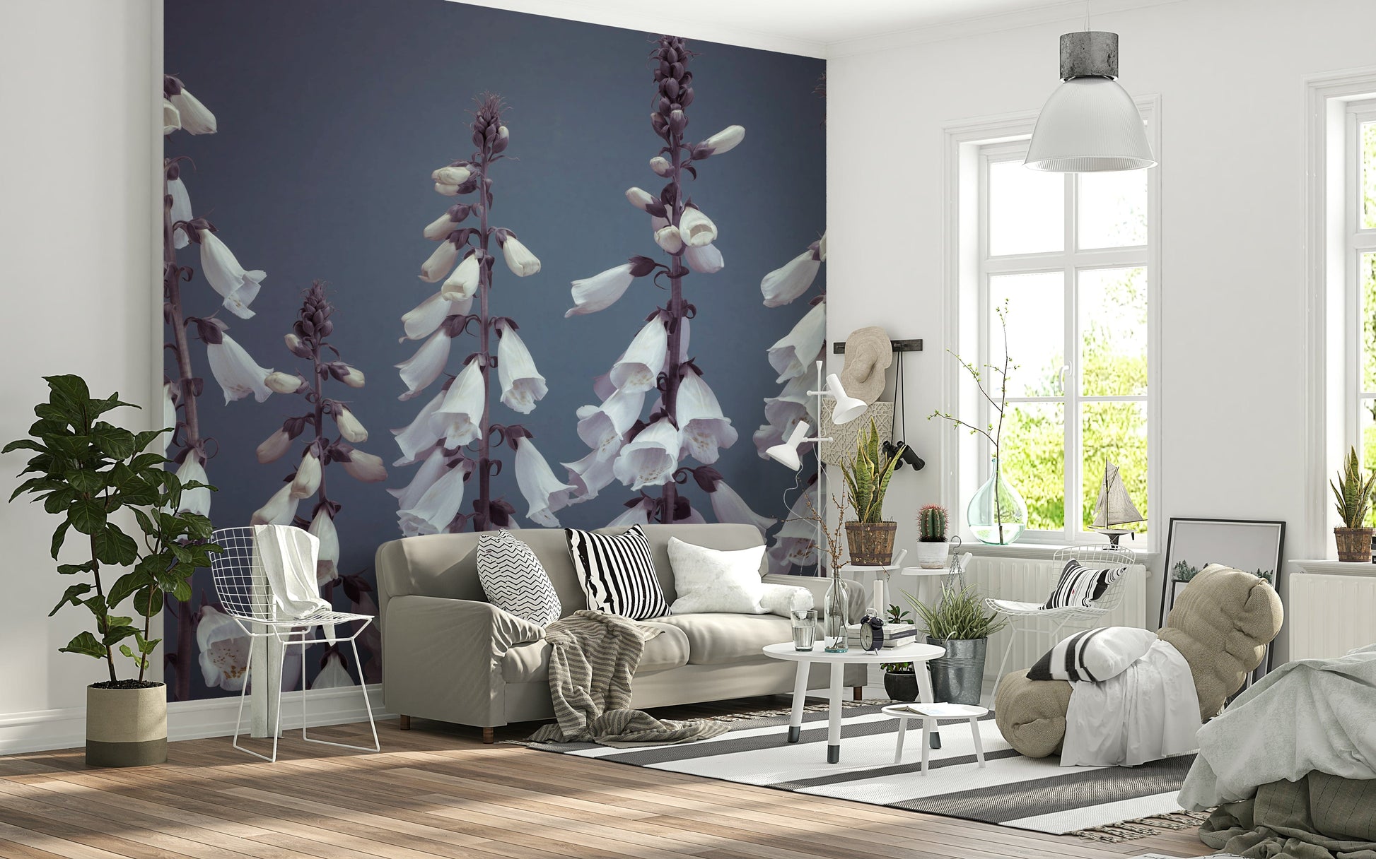 Monochromatic flower bell clusters mural, subtle color palette.
