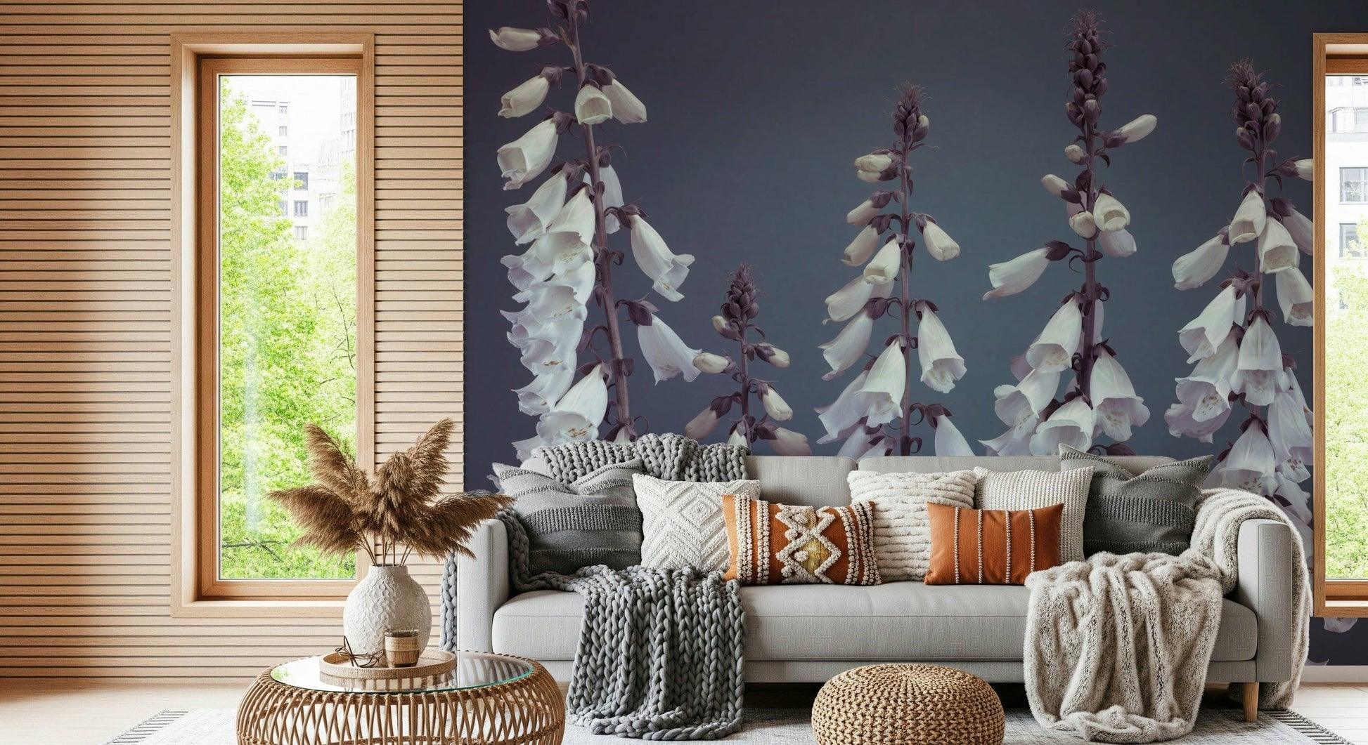 Foxglove Fantasy mural, tall white blossoms against a muted grey.