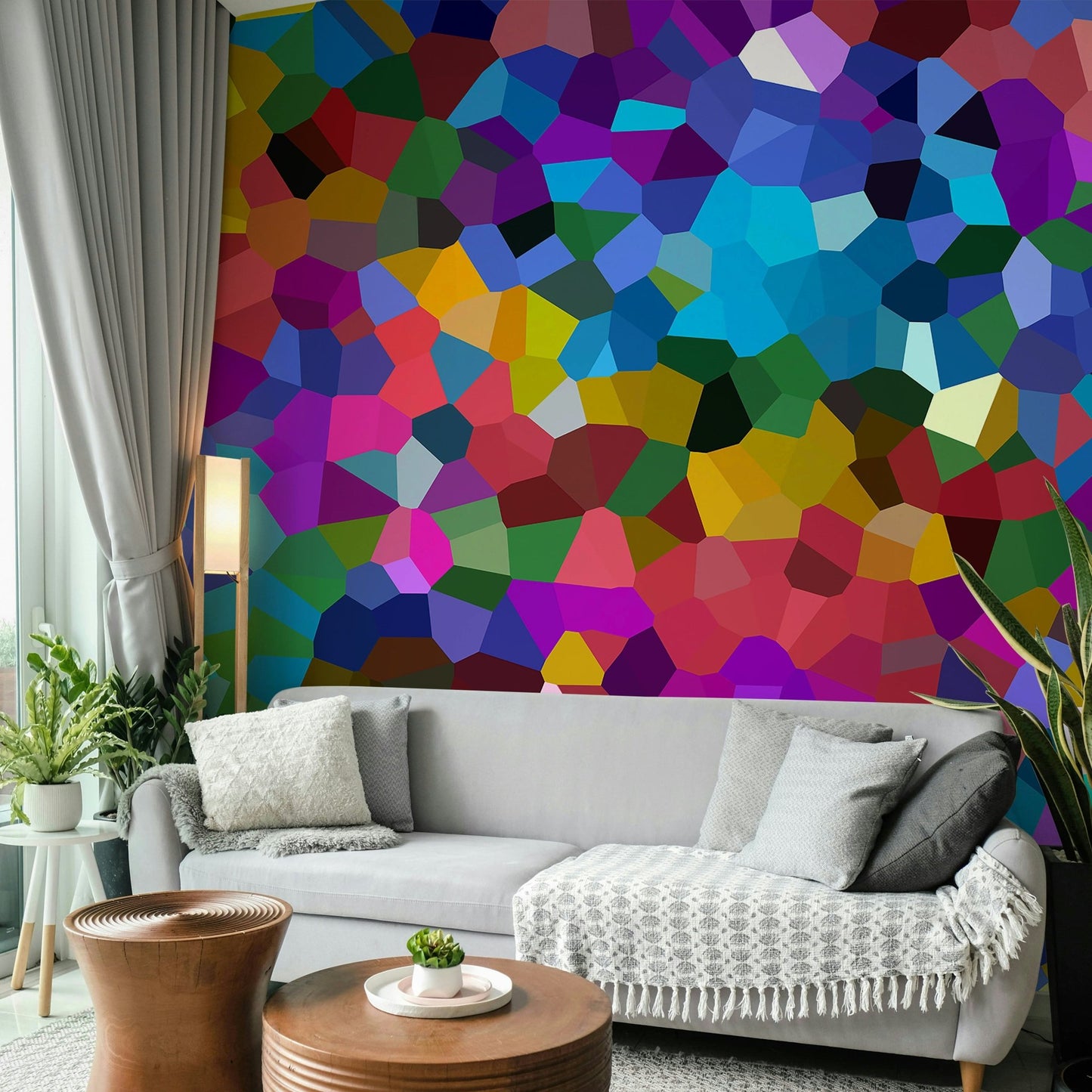 Abstract geometric mural with broken color patterns


