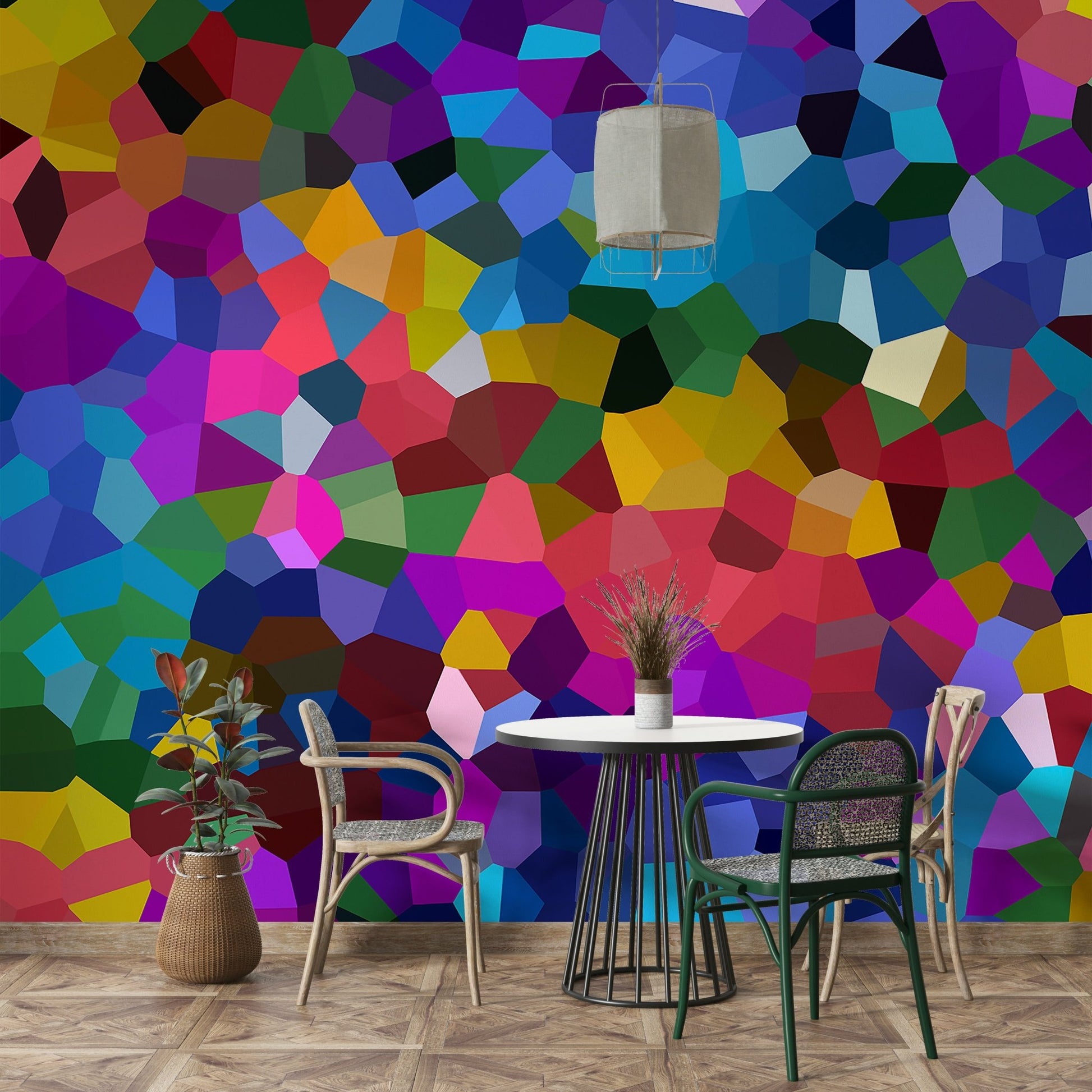 Geometric color shards mural in expressive layout

