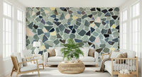 Distressed Fragmented Harmony mural featuring colorful bits.