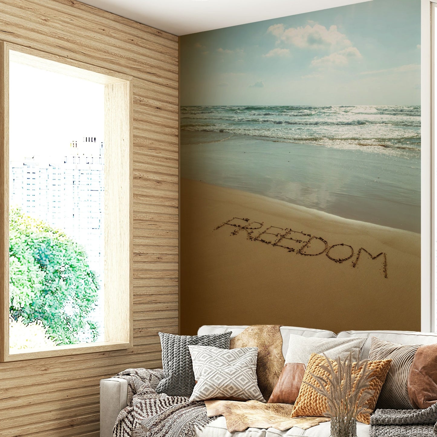 The mural is installed in a modern, quiet living room.

