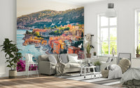 Artistic European village Villefranche View wallpaper mural for lounge.