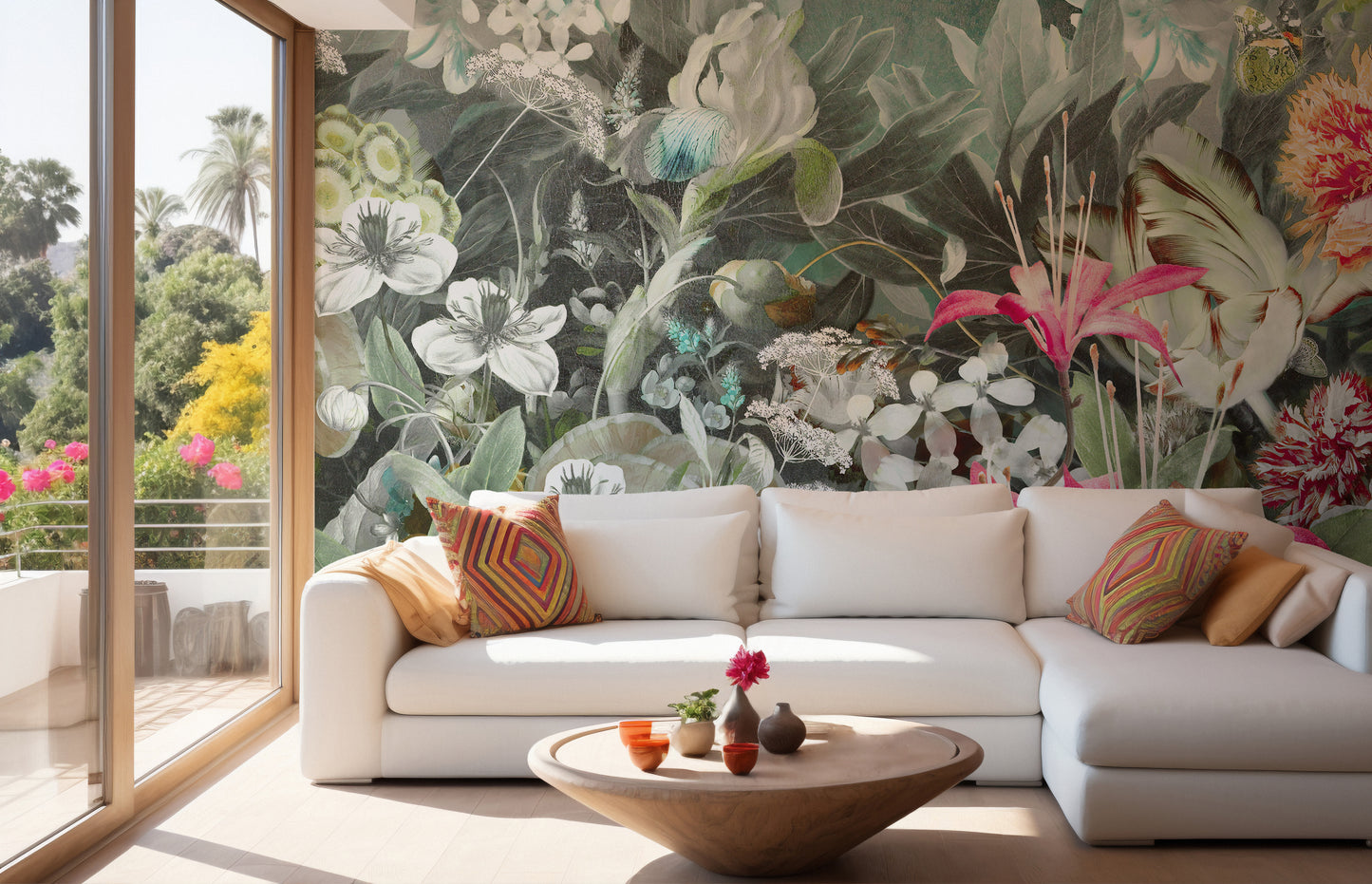 Fresh Plants & Flowers wallpaper mural styled along a hallway feature wall near a console in green tones