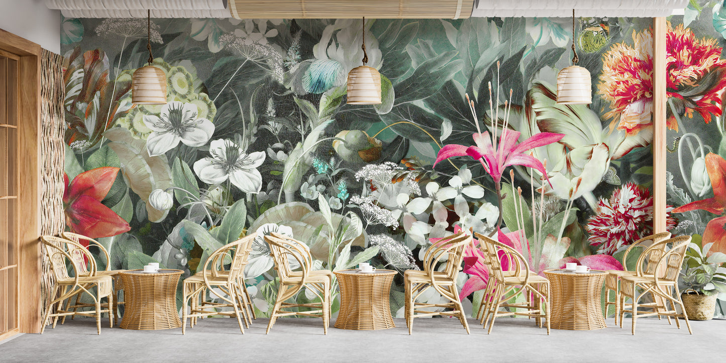 Fresh Plants & Flowers wallpaper mural as a feature wall in a home office workspace in green tones