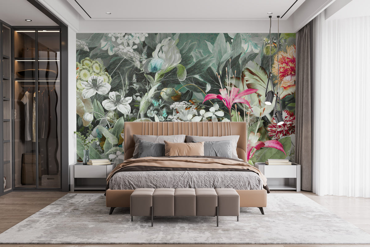 Fresh Plants & Flowers wallpaper mural styled as a feature wall behind a dining table and chairs in green tones