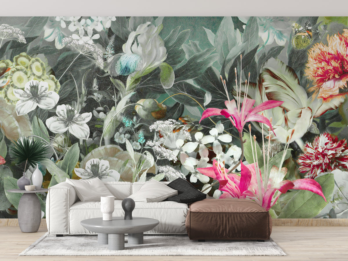 Fresh Plants & Flowers wallpaper mural as a bedroom feature wall behind the headboard in green tones