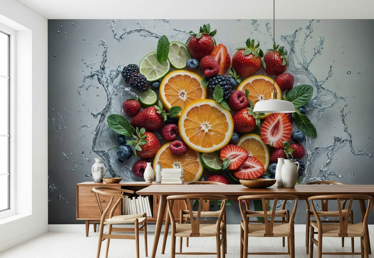 Macro water droplet mural in a sleek modern dining area.