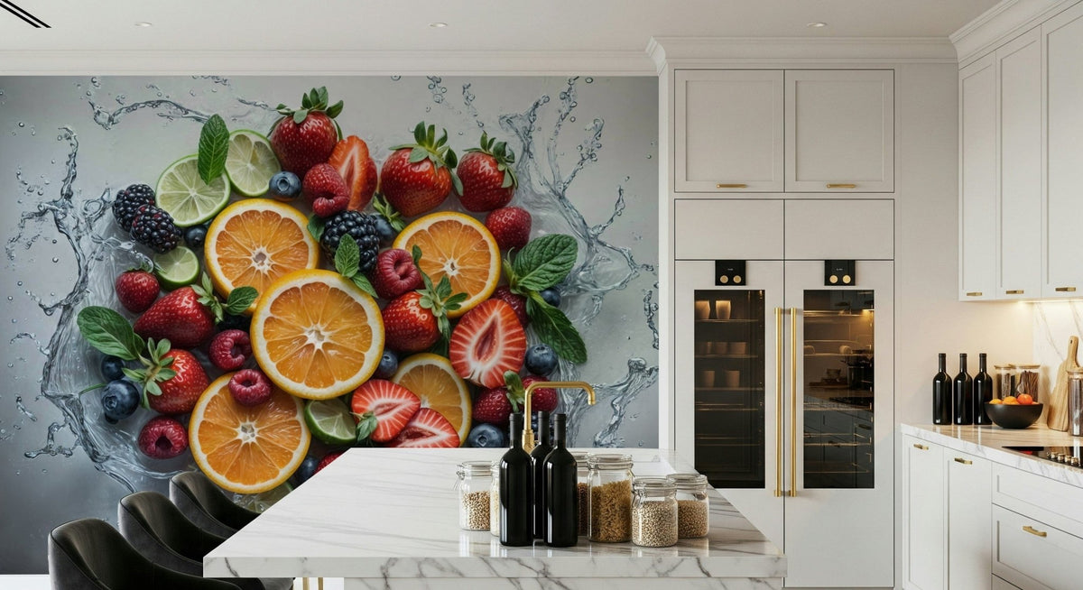 Abstract water movement wallpaper for an airy apartment living room.