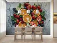 Fresh Splash Wall Mural with blue water droplets in a modern kitchen.