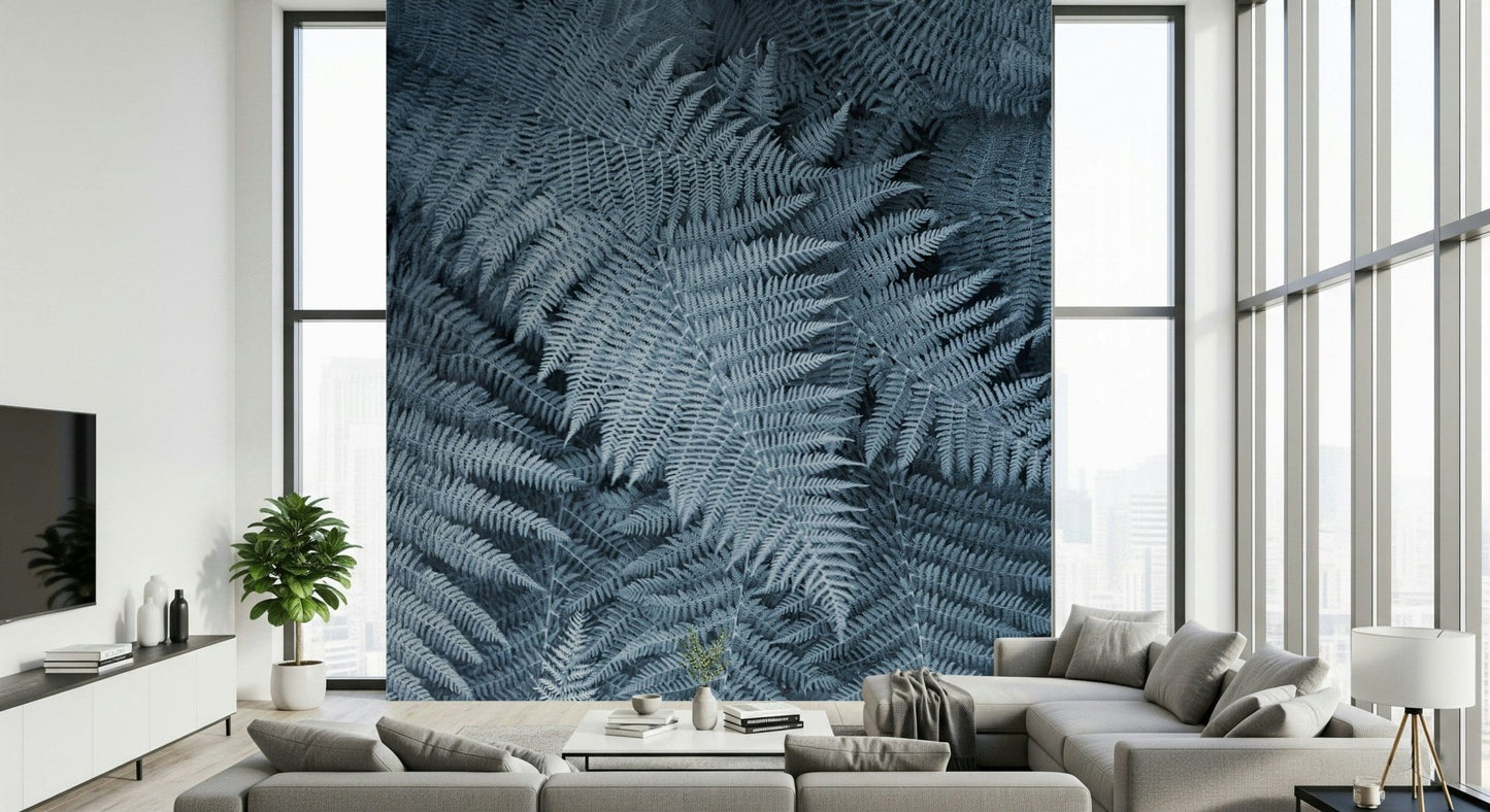 Nature-inspired wallpaper with detailed fern leaves dusted in frost for a serene look.