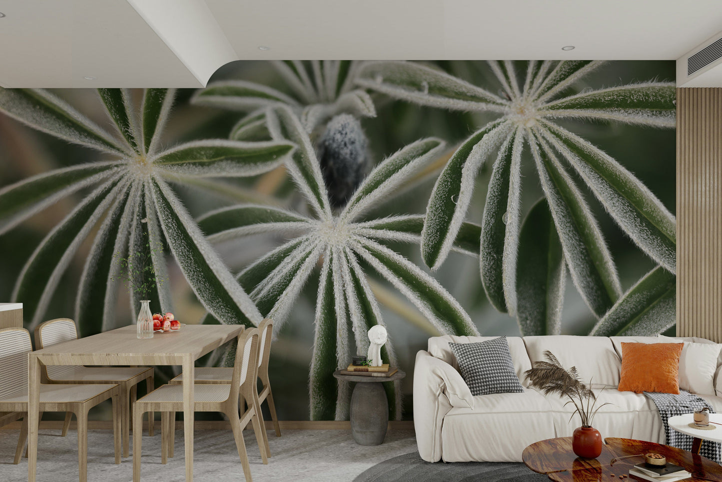 A minimalist interior with the lupine-themed wallpaper.