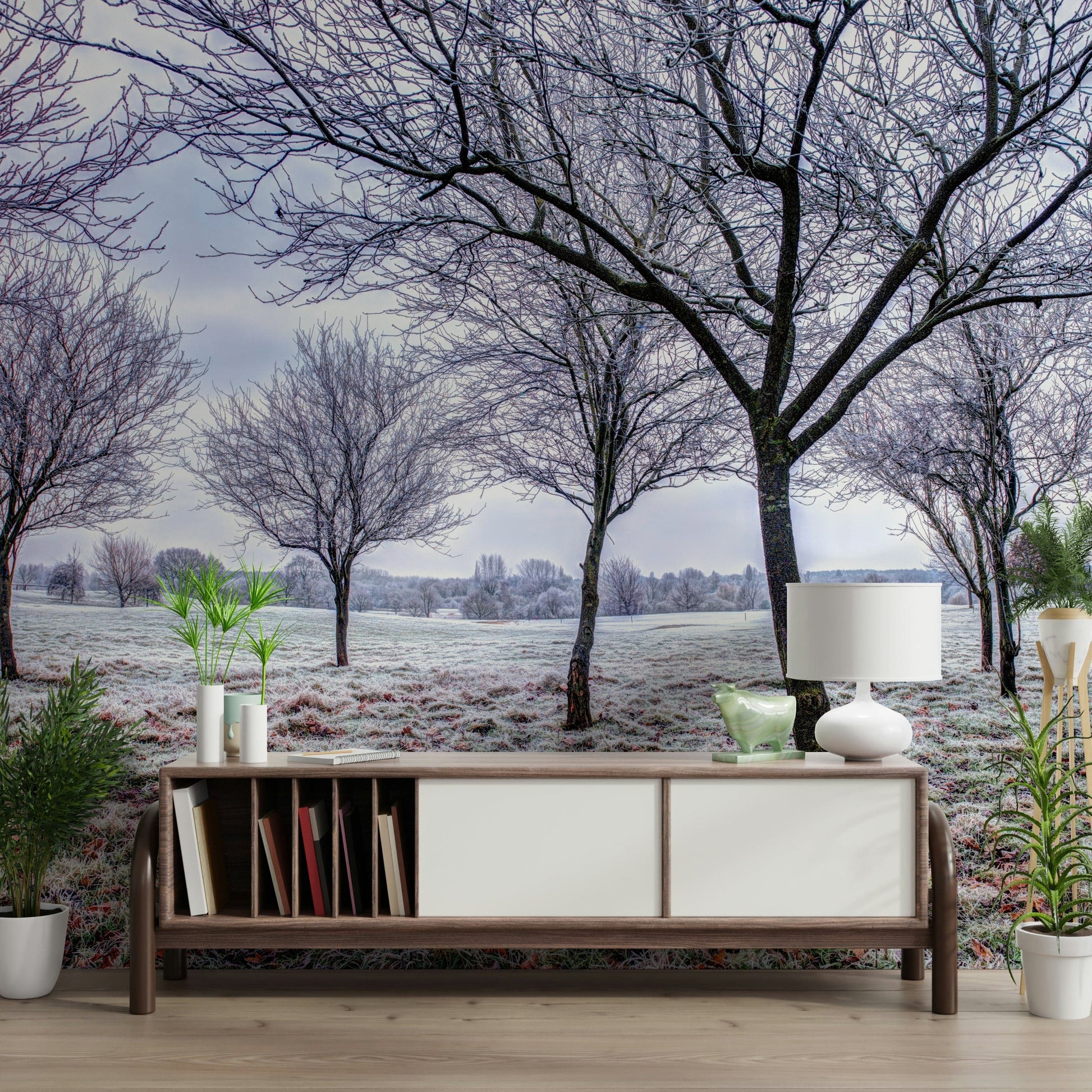 Rime covered landscape, calming design, Whispering Winter Fields wallpaper.