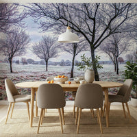 Wintry vista, atmospheric wall art, elegant bare trees, wallpaper mural.