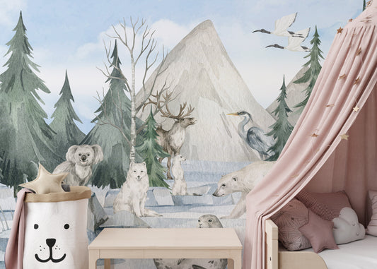 Frozen Frontier Majestic Wildlife mural with watercolor deer, polar bear and koala among snowy pines in a kids room