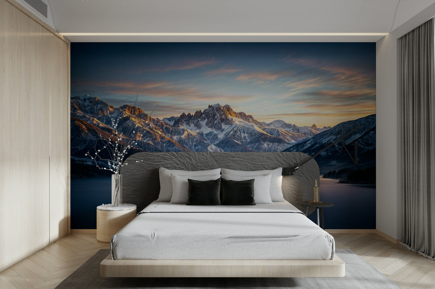 A living room featuring the frozen peaks wall mural.