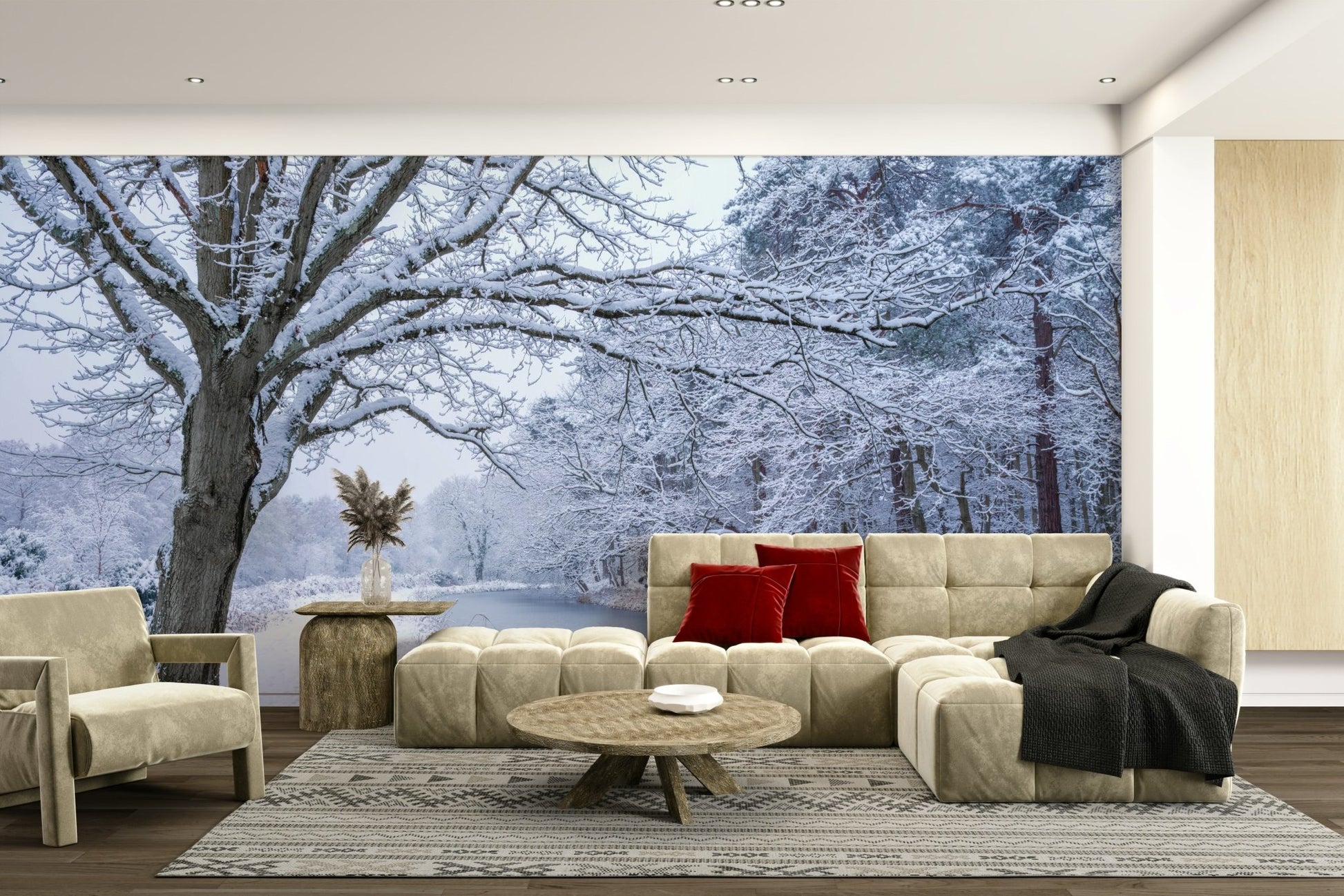 Snow-covered forest wall mural with cool tones
