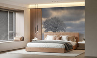 Wall mural, snowy field, bare branches, thick mist, peaceful morning.