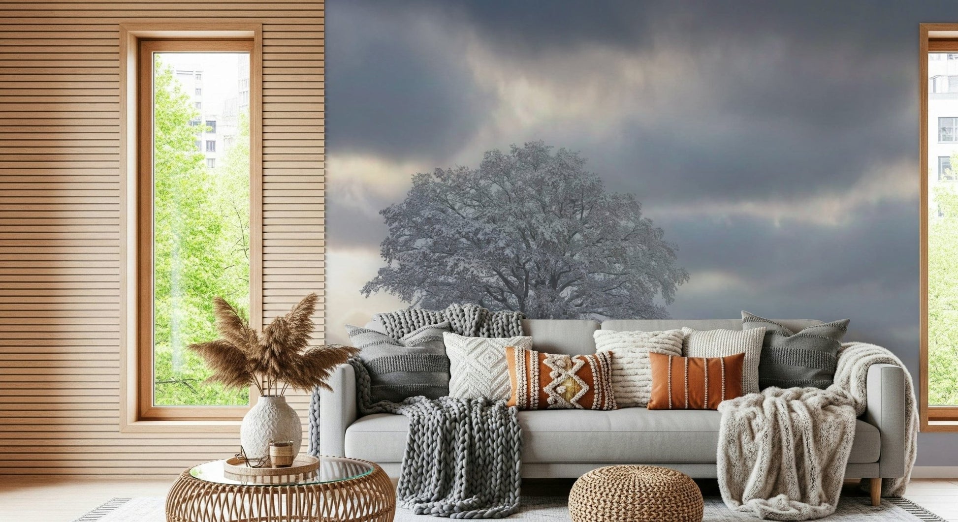 Exquisite Solitaire mural, cloudy sky, vast expanse, minimalist style.