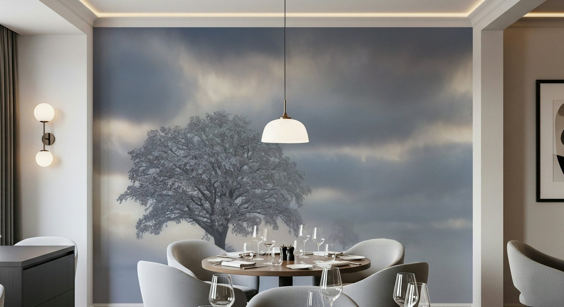 Frozen Woodland Solitaire product, dramatic clouds, lone tree, quiet vista.
