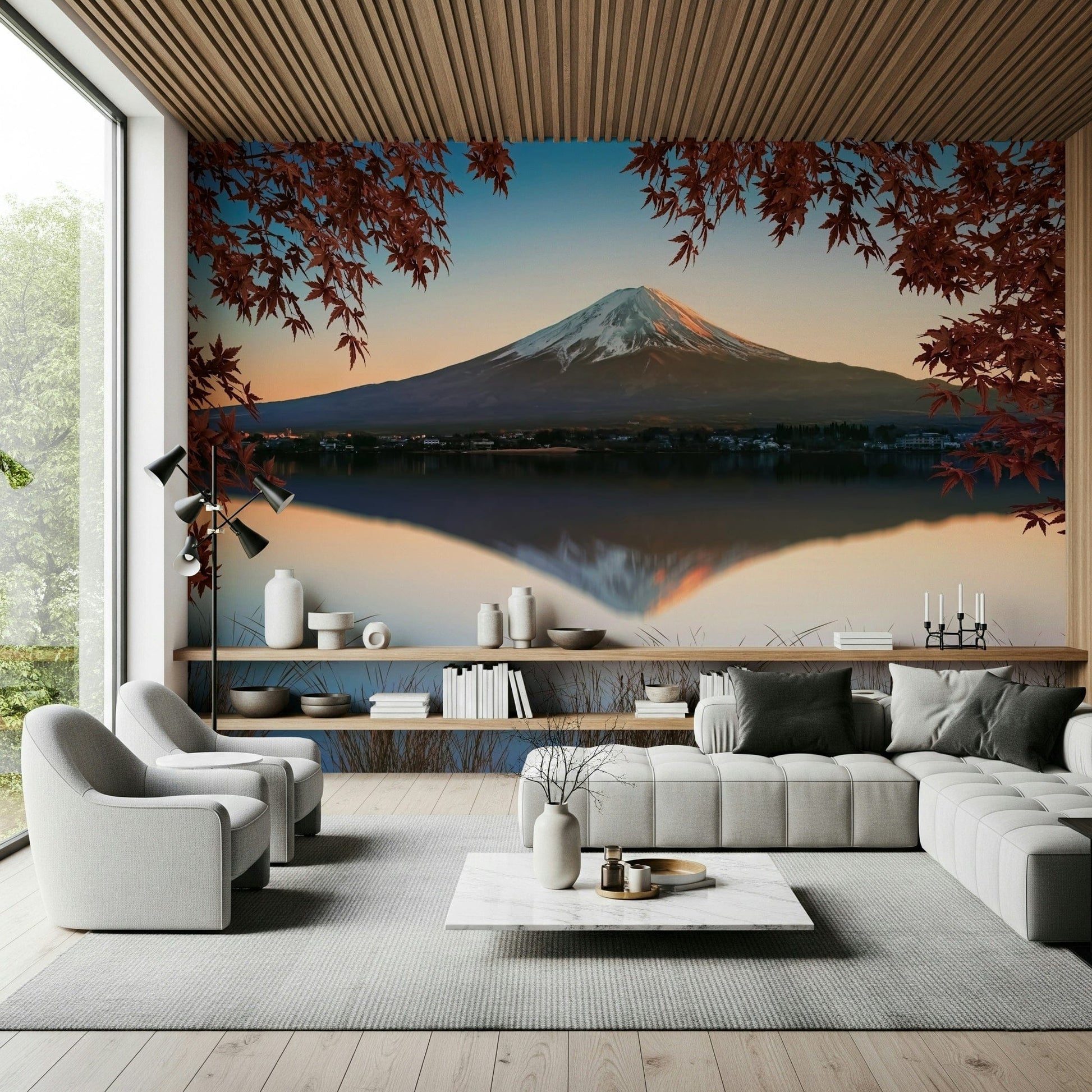 Scenic wall covering, Fuji at Dawn: Autumn View, vibrant fall colors.