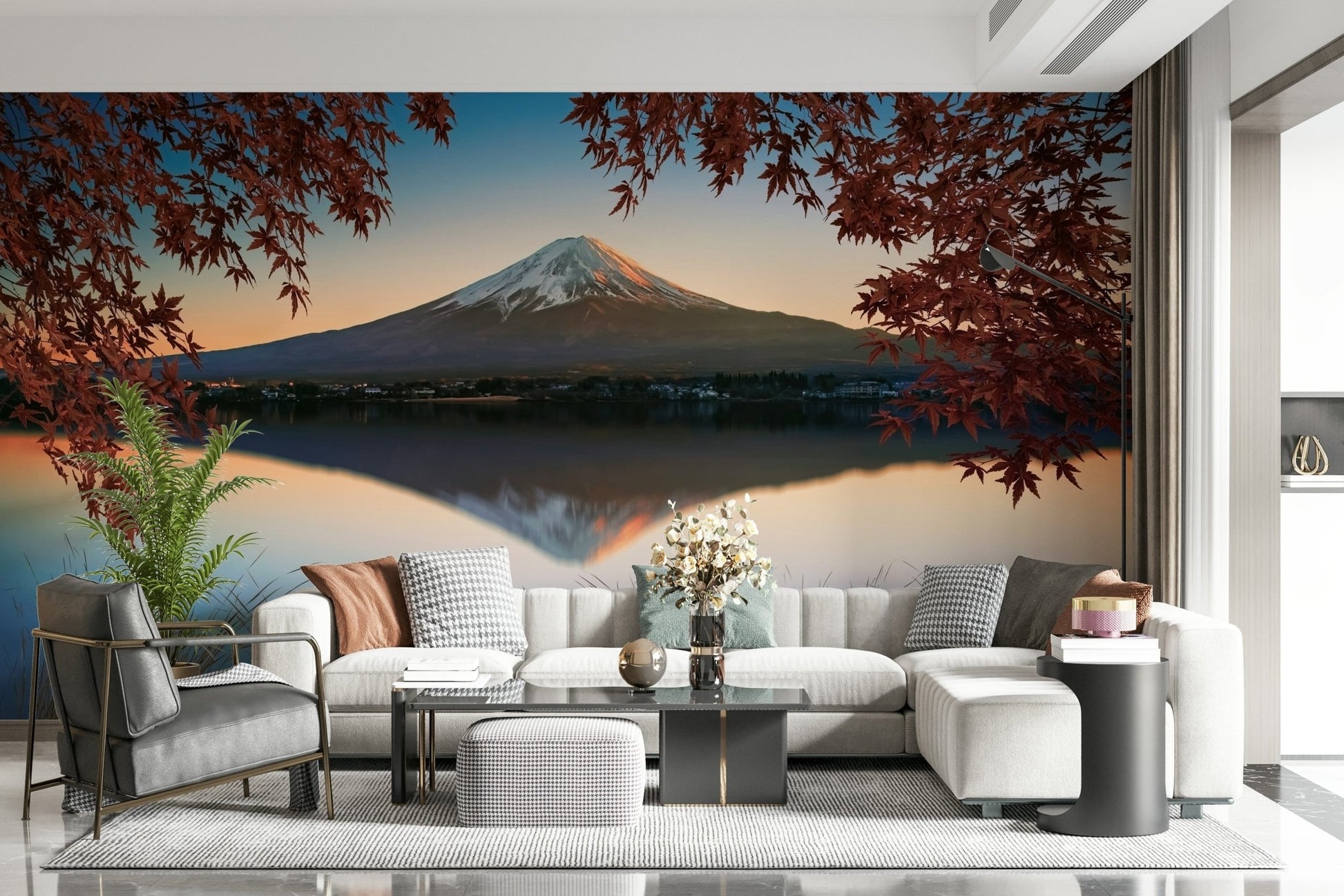 Mountain peak Fuji at Dawn: Autumn View, dramatic morning light design.