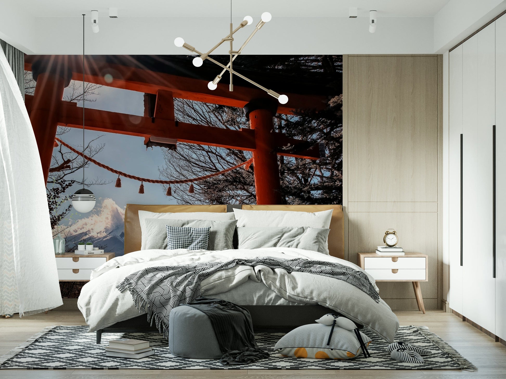Scenic Fuji Gate Sunbeams wallpaper mural, striking Japanese landscape artwork.