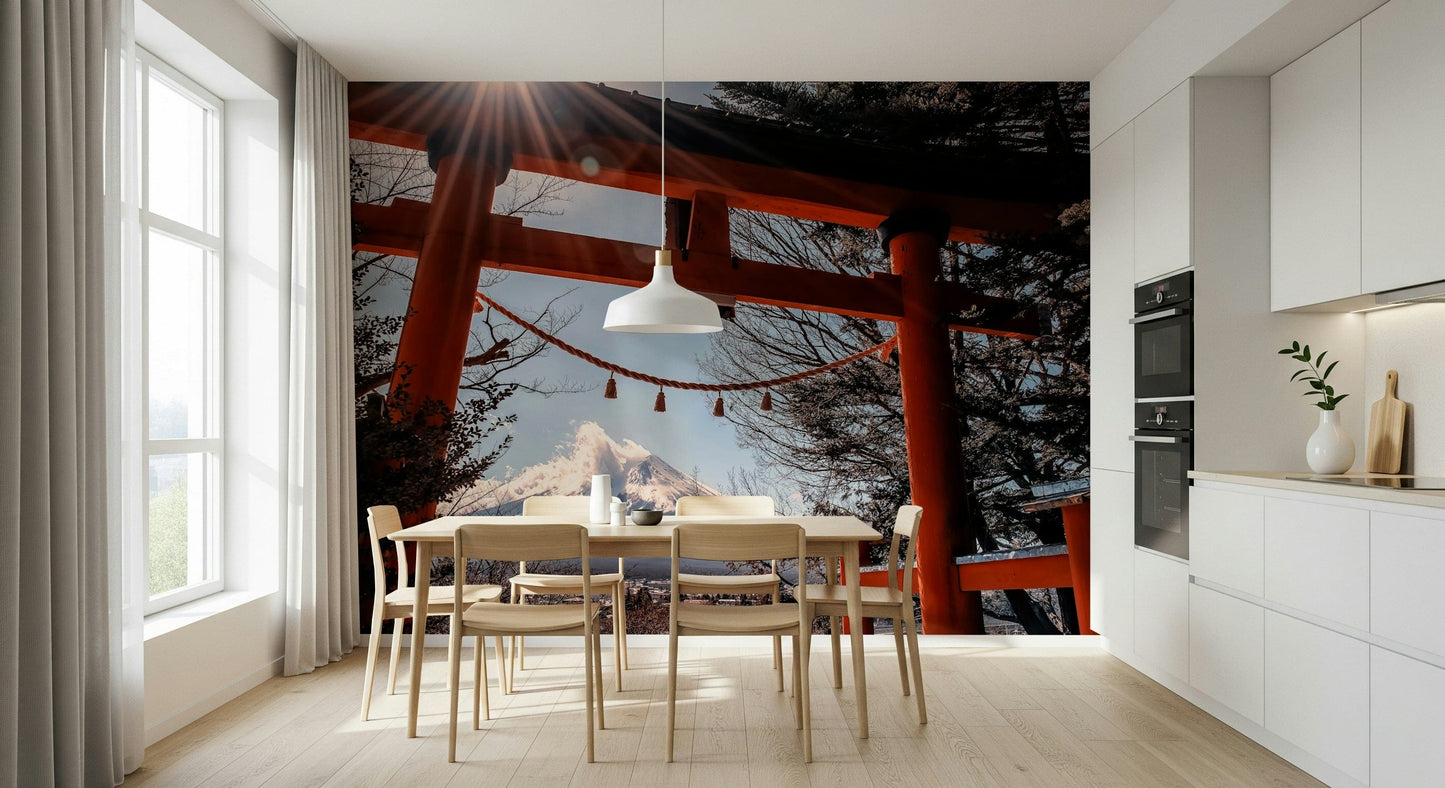 Iconic Mount Fuji framed by Fuji Gate Sunbeams artistic wallpaper, winter scene.