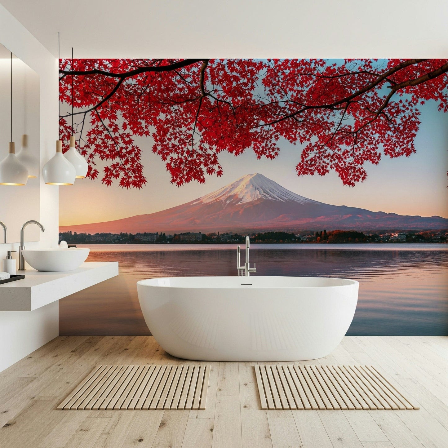 Soft blue horizon mural behind beige sofa, modern apartment wall decor backdrop