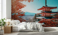 Mount Fuji wall mural for dining area, autumn foliage feature wall in modern style