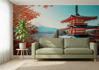 Fuji landscape wallpaper in entryway, fall leaves and mountain view behind console