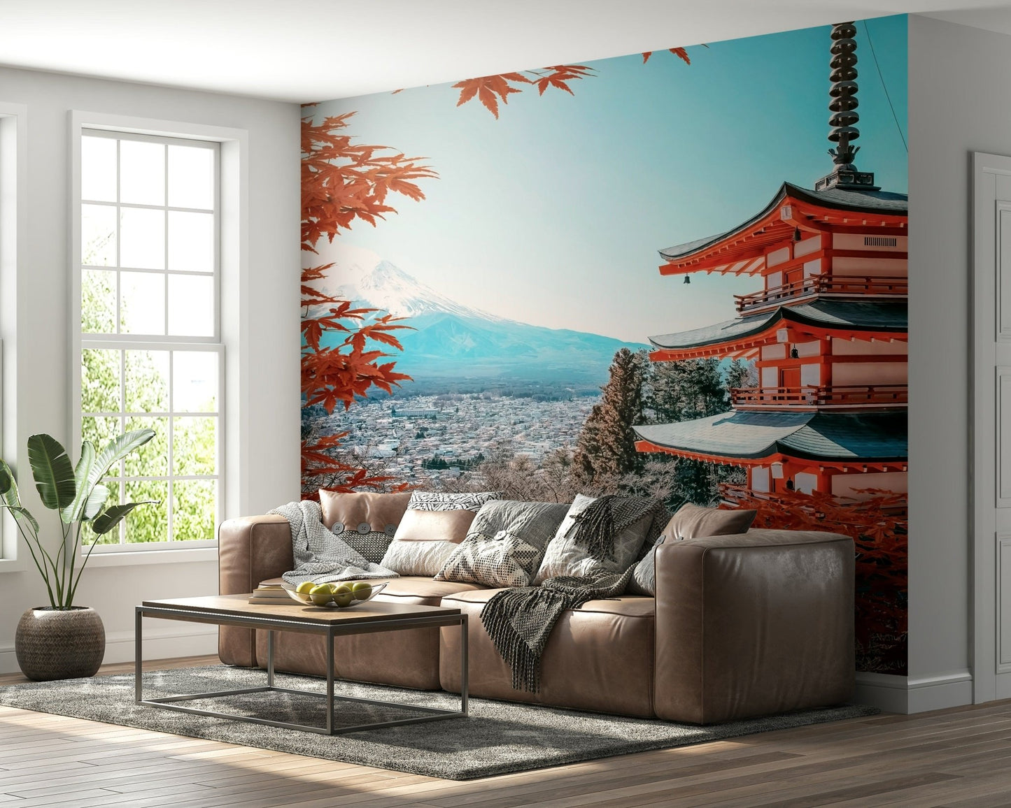 Mount Fuji autumn mural behind TV unit, scenic lounge feature wall backdrop