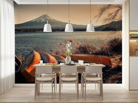 Fuji mountain lake mural behind bed, contemporary bedroom wall decor, blue hues