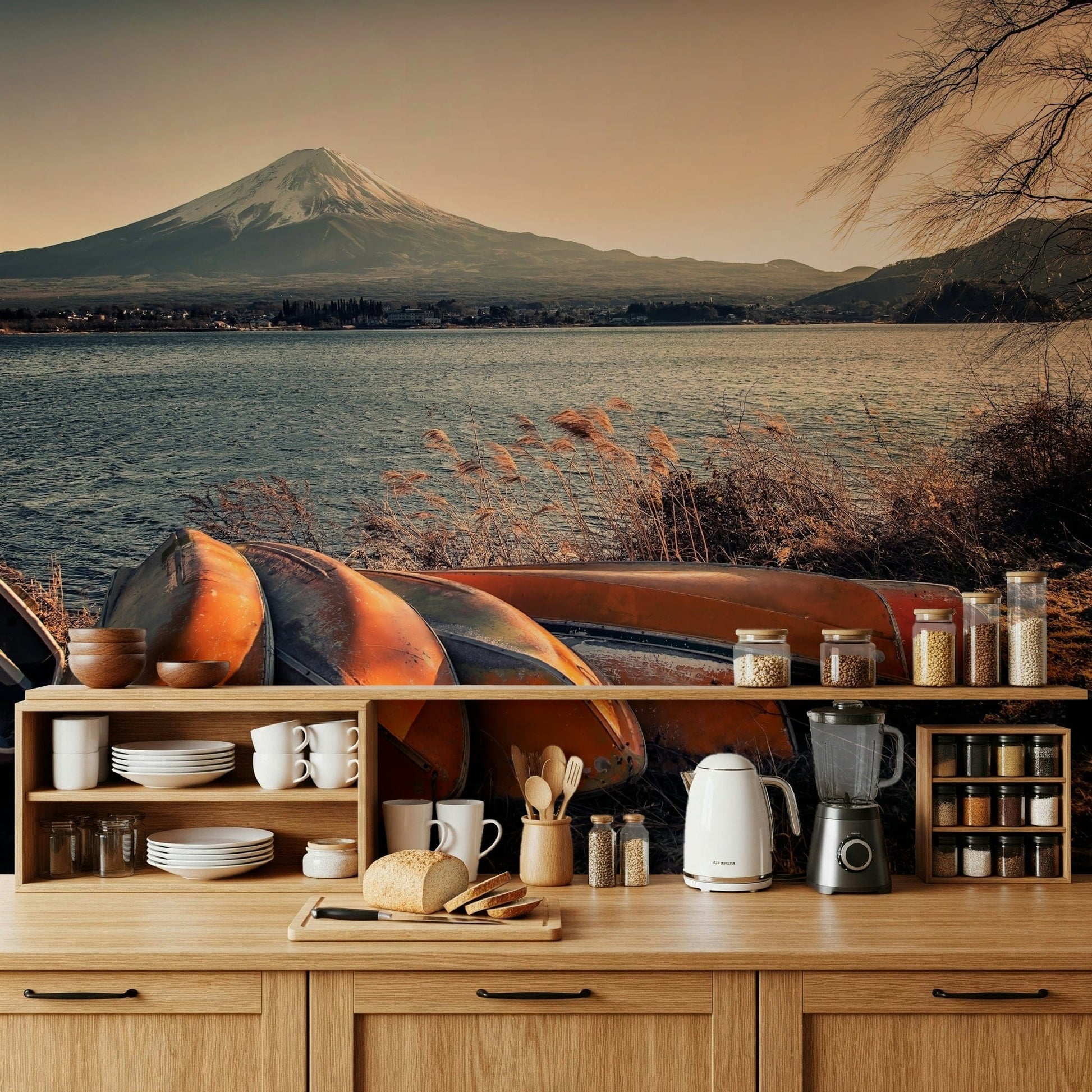 Tranquil lakeside wallpaper mural for reading nook, minimalist decor, soft color