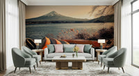 Fuji’s Lakeside Calm Wall Mural in bedroom, soothing blues, scenic wall decor