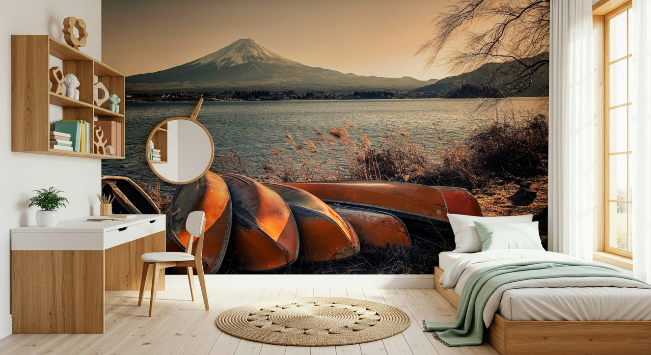 Calm lakeside Fuji wall mural behind sofa, minimalist décor, soft sky color