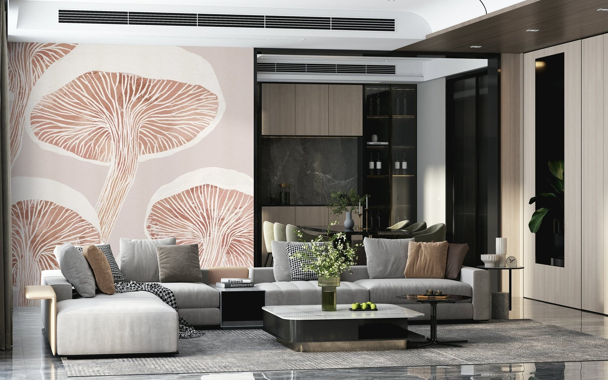 Fungi Forest Charm wallpaper mural with blush mushroom caps behind a large gray sectional sofa in a living room