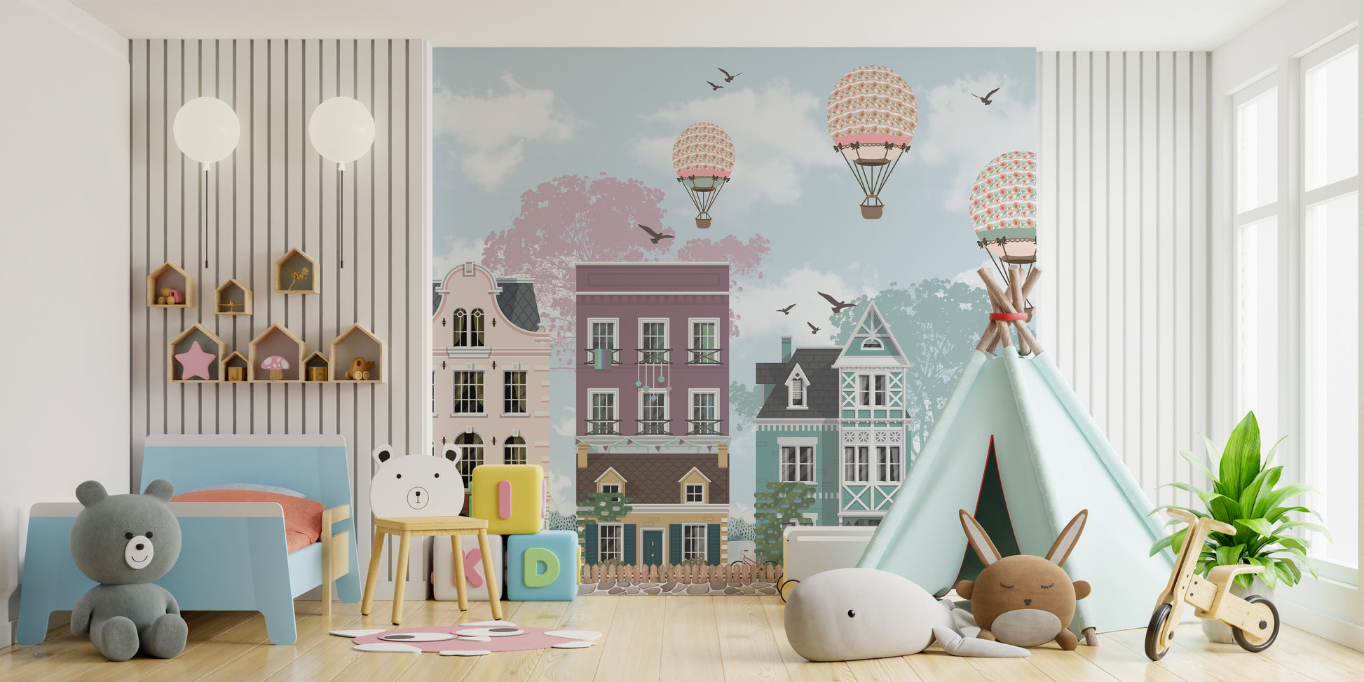 Funky City View kids Room wallpaper mural styled along a hallway feature wall near a console in a multicolour palette