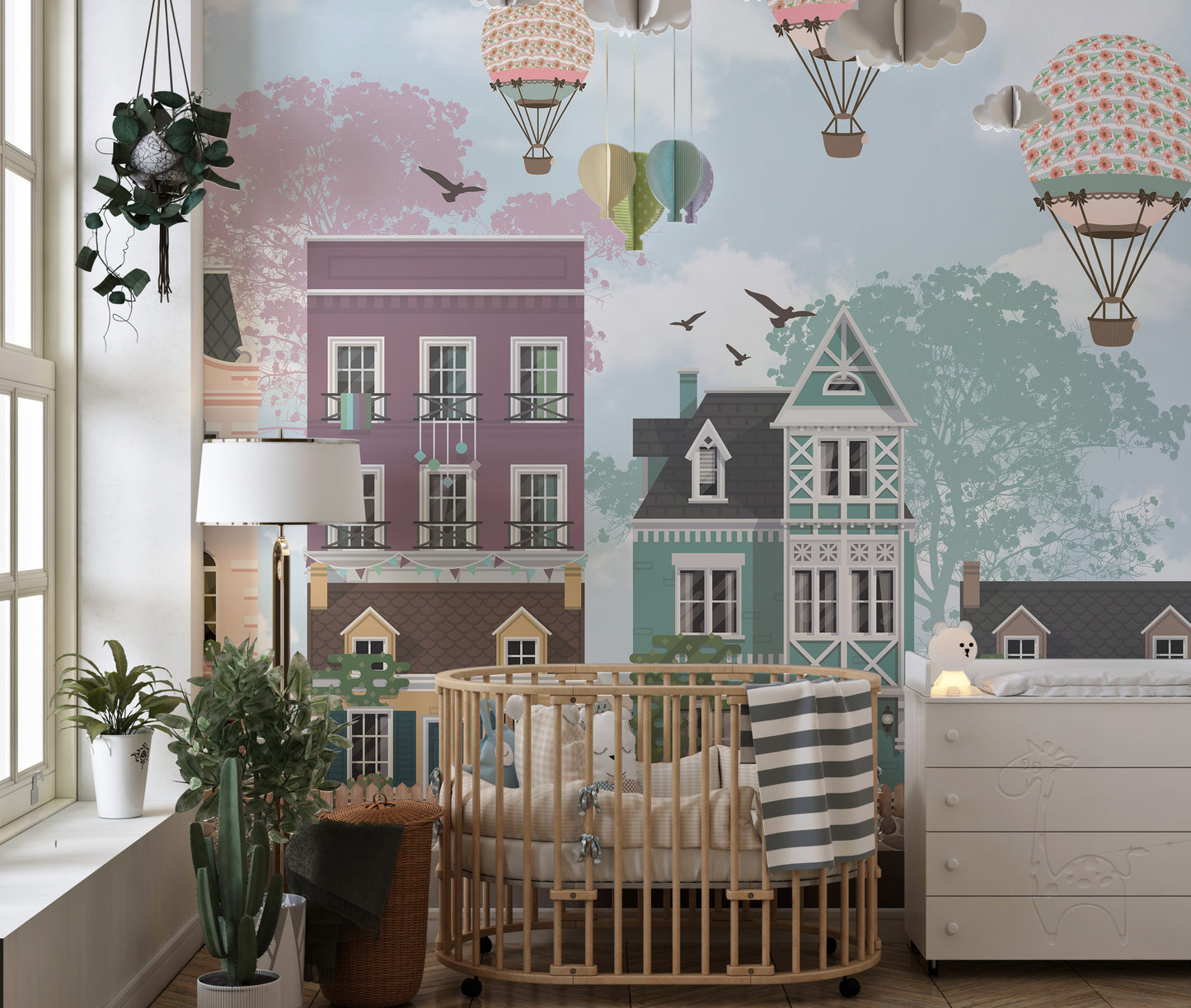 Funky City View kids Room wallpaper mural styled as a feature wall behind a dining table and chairs in a multicolour palette