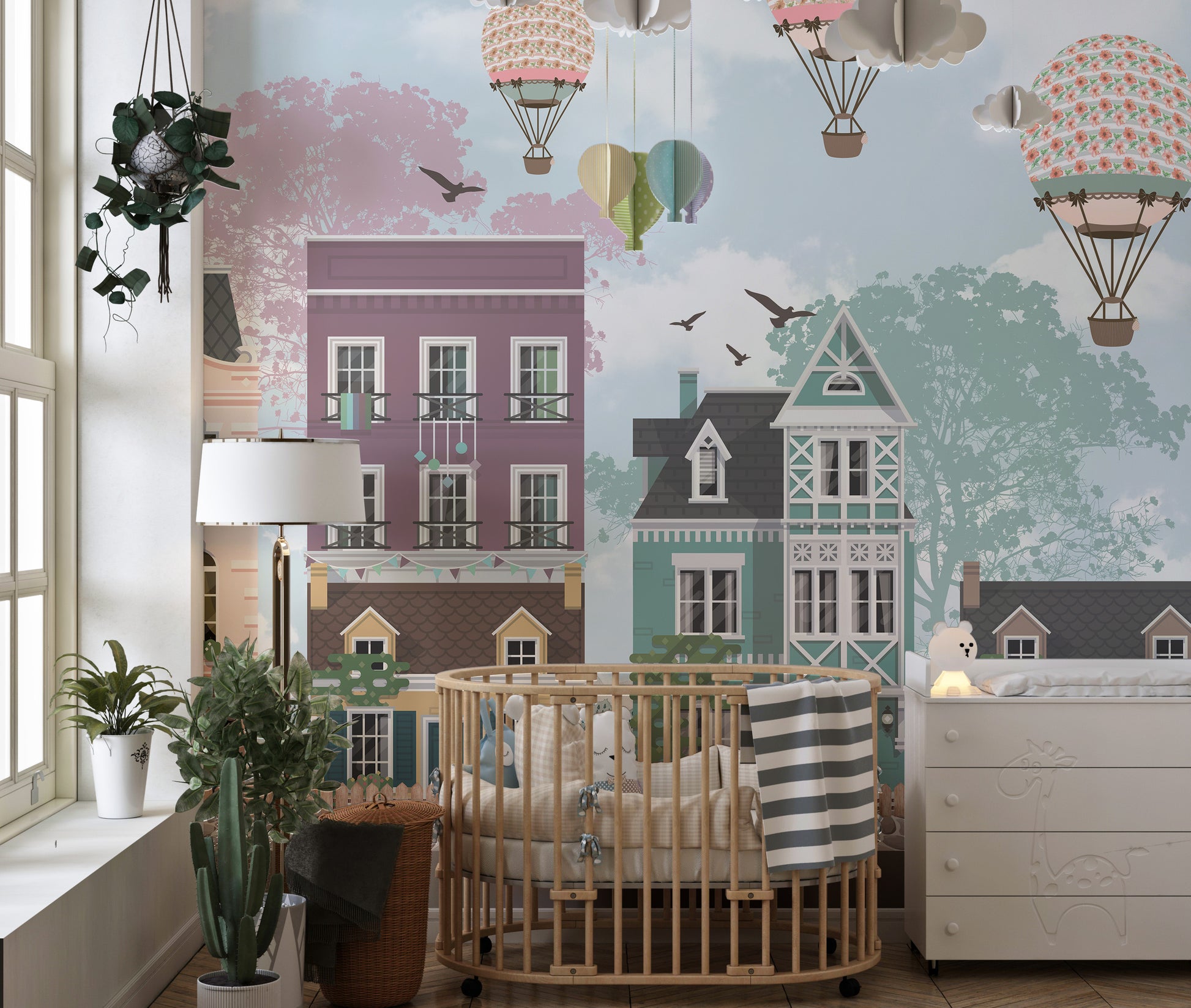 Funky City View kids Room wallpaper mural styled as a feature wall behind a dining table and chairs in a multicolour palette