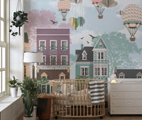 Funky City View kids Room wallpaper mural styled as a feature wall behind a dining table and chairs in a multicolour palette