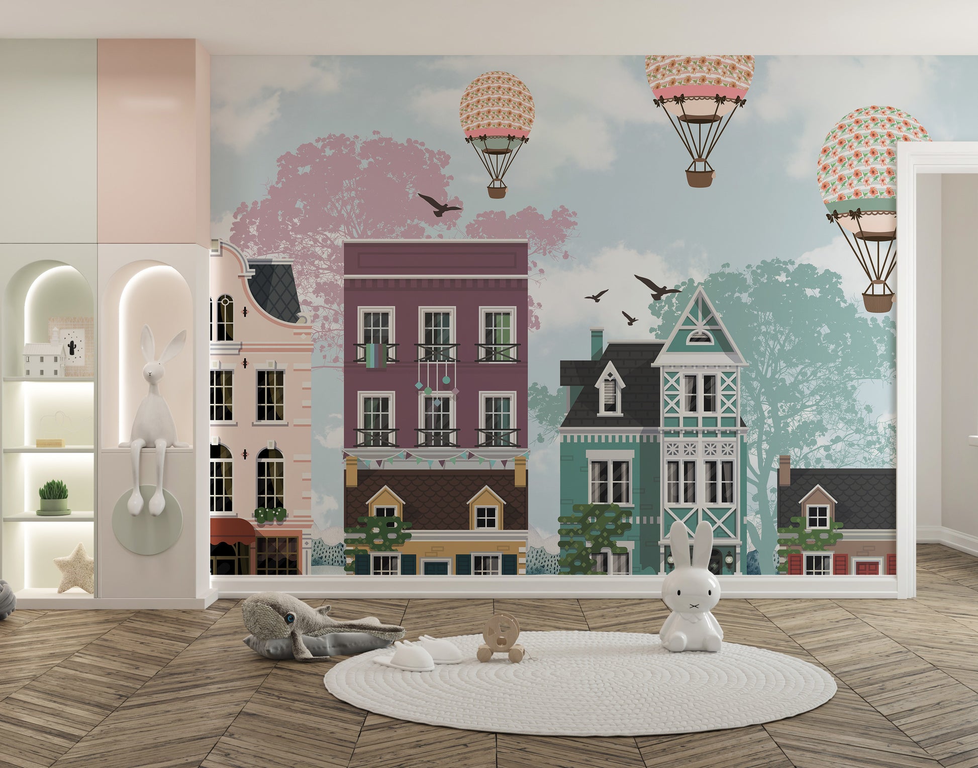 Funky City View kids Room wallpaper mural as a bedroom feature wall behind the headboard in a multicolour palette